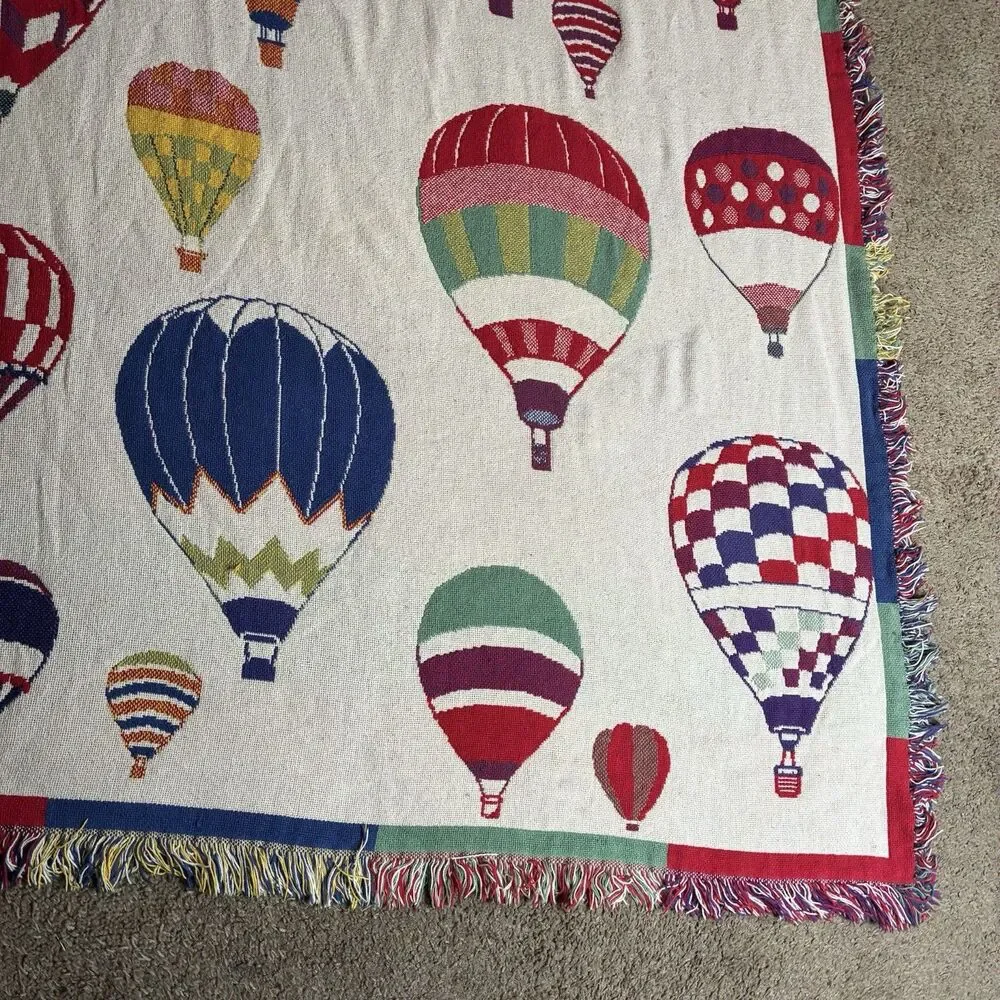 Hot Air Balloon Tapestry Cotton Blanket Throw w/Fringe 70”x46” Two Sided 1970s